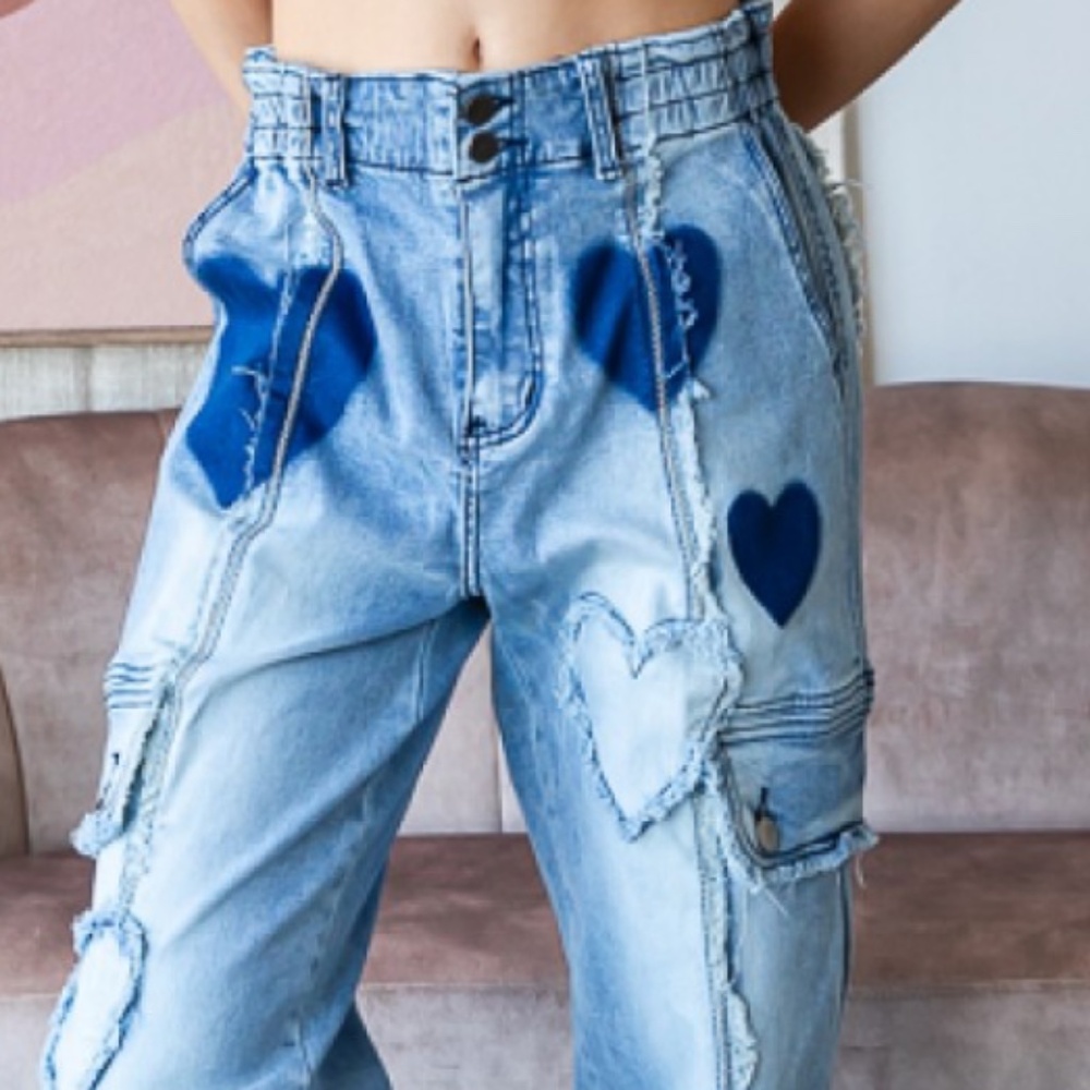 Oli & Hali Light Wash Denim Joggers with Blue Heart Accents - Picture 7 of 7